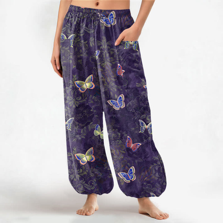 Buddha Stones Cotton Nature Inspired Butterfly Foliage Pattern Women's Elastic Waist Harem Pants With Side Pockets - Indigo - US16，UK/AU20，EU48 (3XL) - image 10
