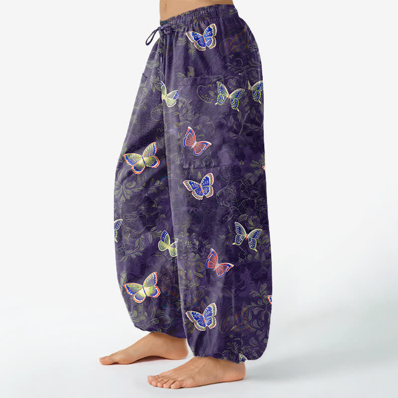 Buddha Stones Cotton Nature Inspired Butterfly Foliage Pattern Women's Elastic Waist Harem Pants With Side Pockets - image 11