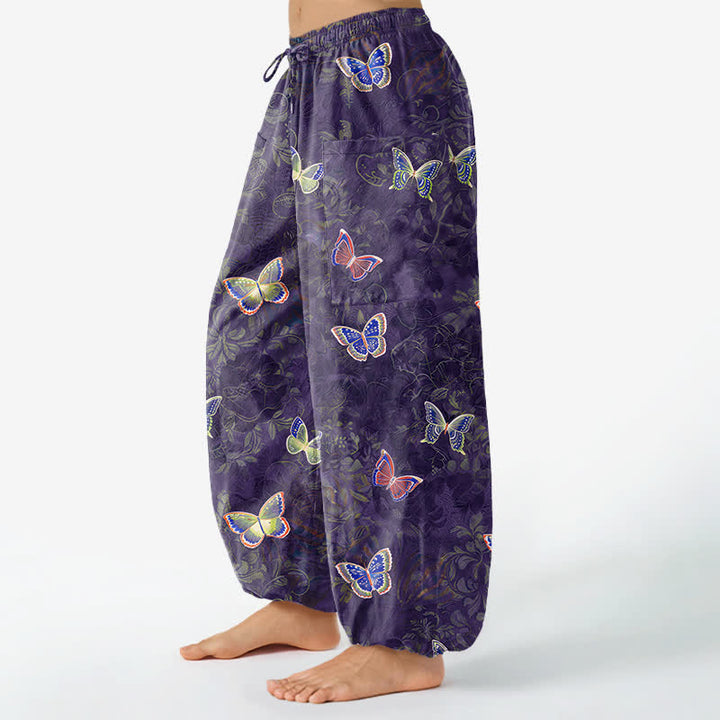 Buddha Stones Cotton Nature Inspired Butterfly Foliage Pattern Women's Elastic Waist Harem Pants With Side Pockets - image 11