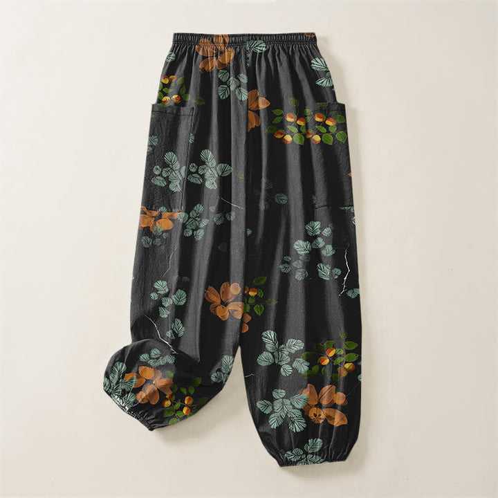 Buddha Stones Cotton Bohemian Botanical Floral Pattern Women's Elastic Waist Harem Pants With Side Pockets - image 4