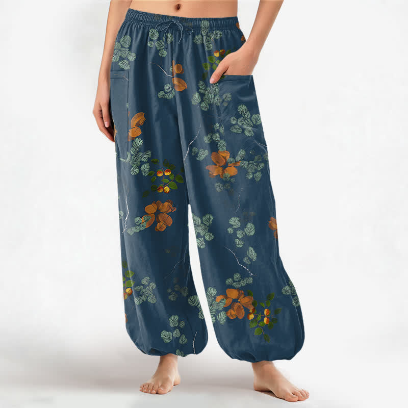 Buddha Stones Cotton Bohemian Botanical Floral Pattern Women's Elastic Waist Harem Pants With Side Pockets - SteelBlue - US16，UK/AU20，EU48 (3XL) - image 10