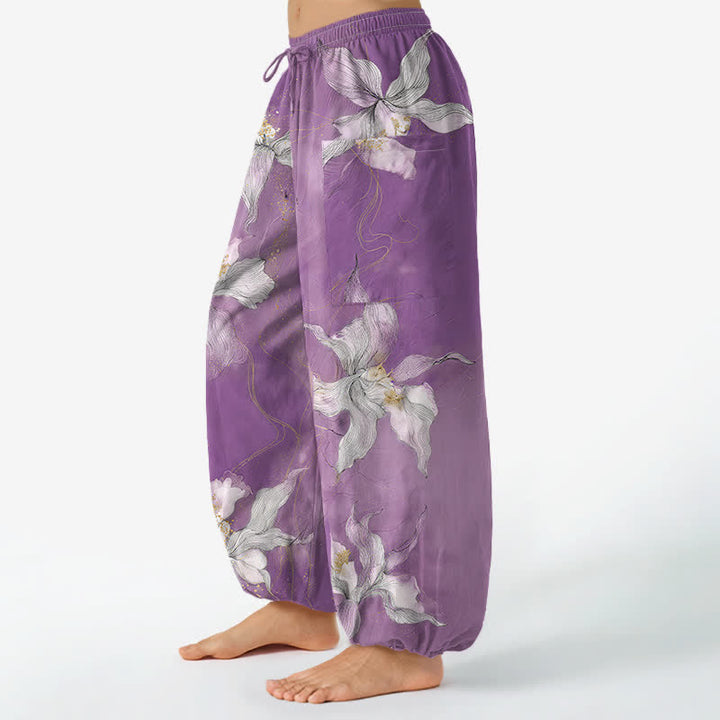 Buddha Stones Cotton Vintage White Floral Pattern Women's Elastic Waist Harem Pants With Side Pockets - image 1