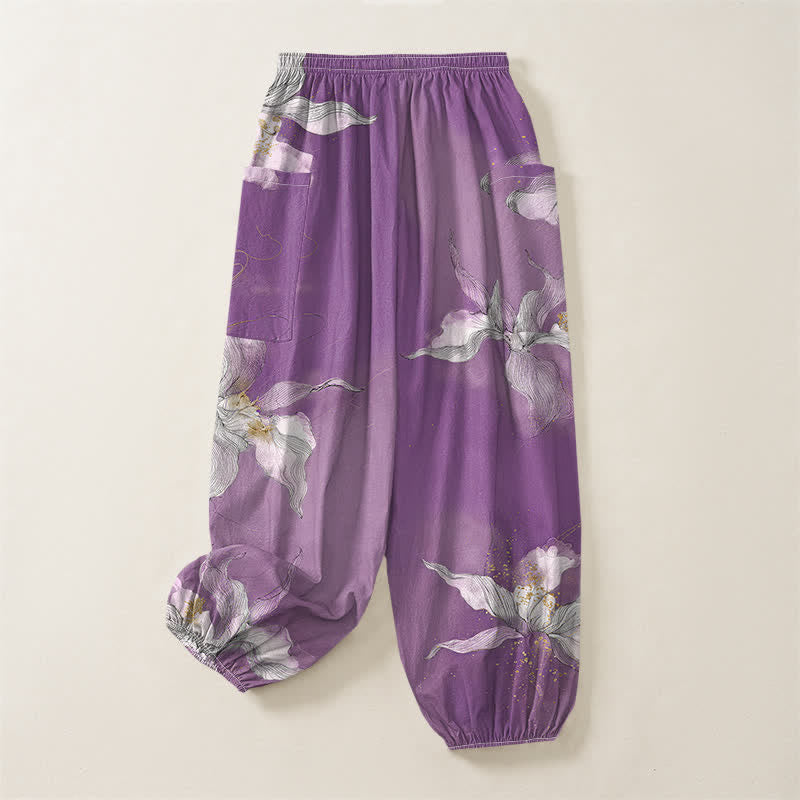 Buddha Stones Cotton Vintage White Floral Pattern Women's Elastic Waist Harem Pants With Side Pockets - image 4