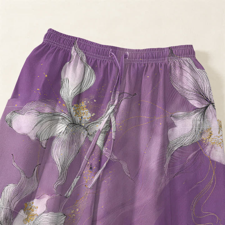 Buddha Stones Cotton Vintage White Floral Pattern Women's Elastic Waist Harem Pants With Side Pockets - image 5