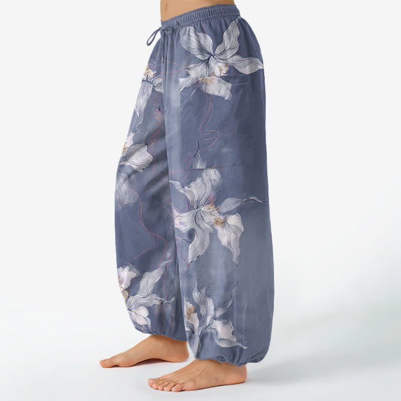 Buddha Stones Cotton Vintage White Floral Pattern Women's Elastic Waist Harem Pants With Side Pockets - image 8