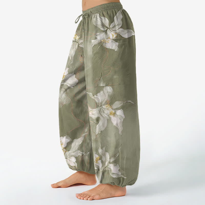 Buddha Stones Cotton Vintage White Floral Pattern Women's Elastic Waist Harem Pants With Side Pockets - image 11