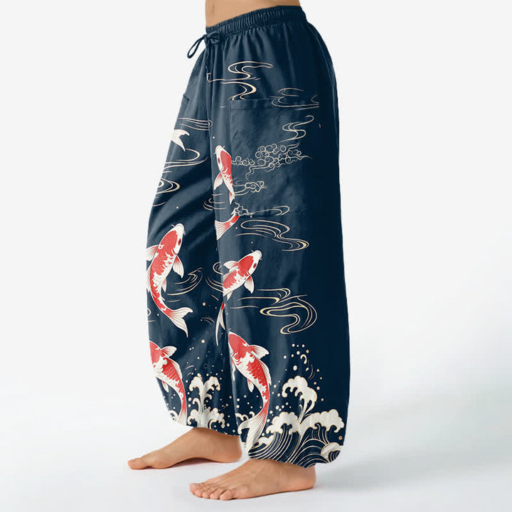 Buddha Stones Cotton Ocean Wave Koi Pattern Women's Elastic Waist Harem Pants With Side Pockets - image 1
