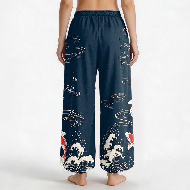 Buddha Stones Cotton Ocean Wave Koi Pattern Women's Elastic Waist Harem Pants With Side Pockets - image 2