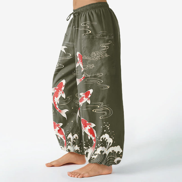 Buddha Stones Cotton Ocean Wave Koi Pattern Women's Elastic Waist Harem Pants With Side Pockets - image 11