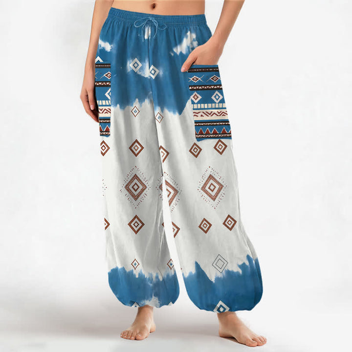 Buddha Stones Cotton Bohemian Geometric Diamond Pattern Women's Elastic Waist Harem Pants With Side Pockets - DodgerBlue - US16，UK/AU20，EU48 (3XL) - image 0