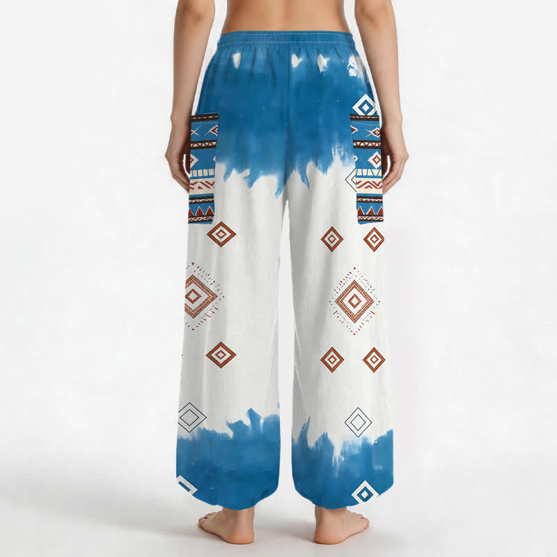 Buddha Stones Cotton Bohemian Geometric Diamond Pattern Women's Elastic Waist Harem Pants With Side Pockets - image 2