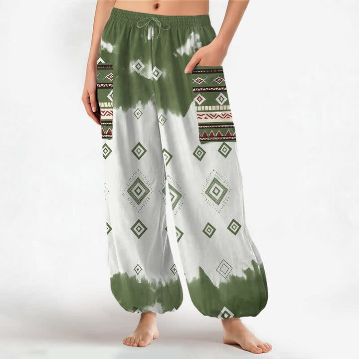 Buddha Stones Cotton Bohemian Geometric Diamond Pattern Women's Elastic Waist Harem Pants With Side Pockets - OliveDrab - US16，UK/AU20，EU48 (3XL) - image 7