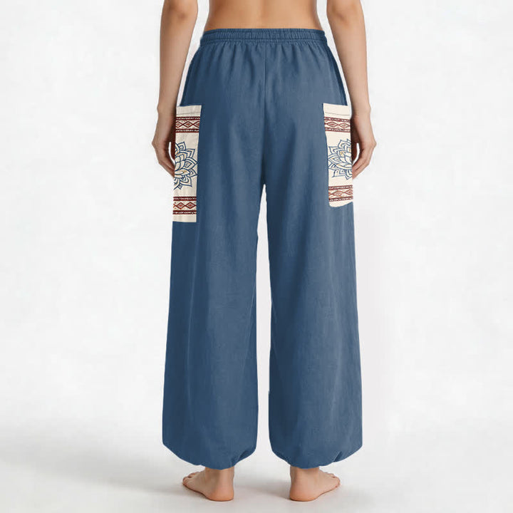 Buddha Stones Cotton Bohemian Lotus Mandala Pattern Women's Elastic Waist Harem Pants With Side Pockets - image 2