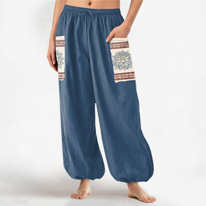 Buddha Stones Cotton Bohemian Lotus Mandala Pattern Women's Elastic Waist Harem Pants With Side Pockets - SteelBlue - US16，UK/AU20，EU48 (3XL) - image 0