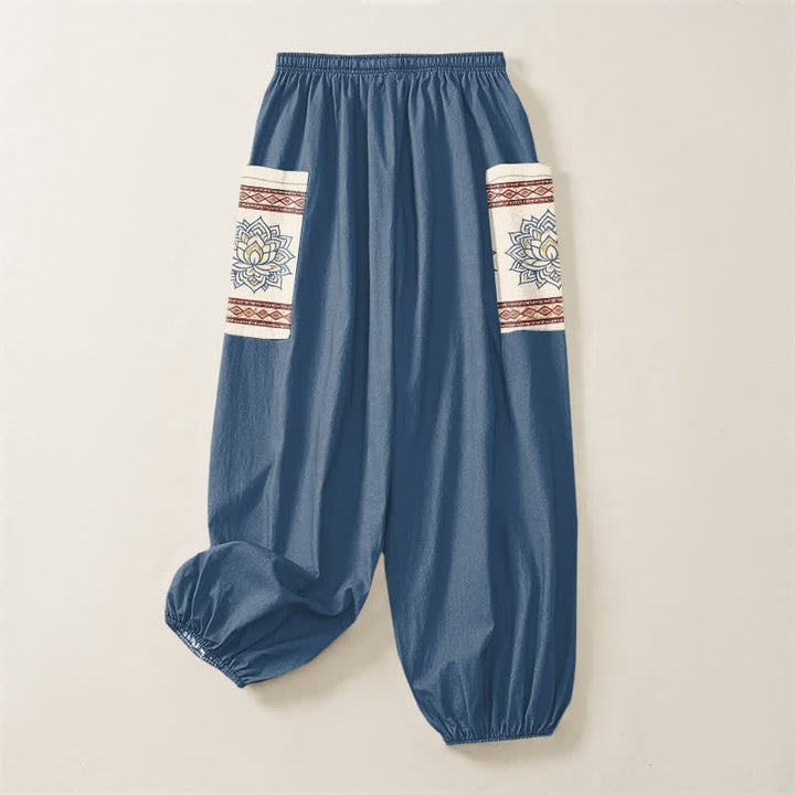 Buddha Stones Cotton Bohemian Lotus Mandala Pattern Women's Elastic Waist Harem Pants With Side Pockets - image 4