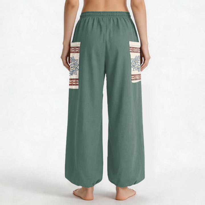 Buddha Stones Cotton Bohemian Lotus Mandala Pattern Women's Elastic Waist Harem Pants With Side Pockets - image 9