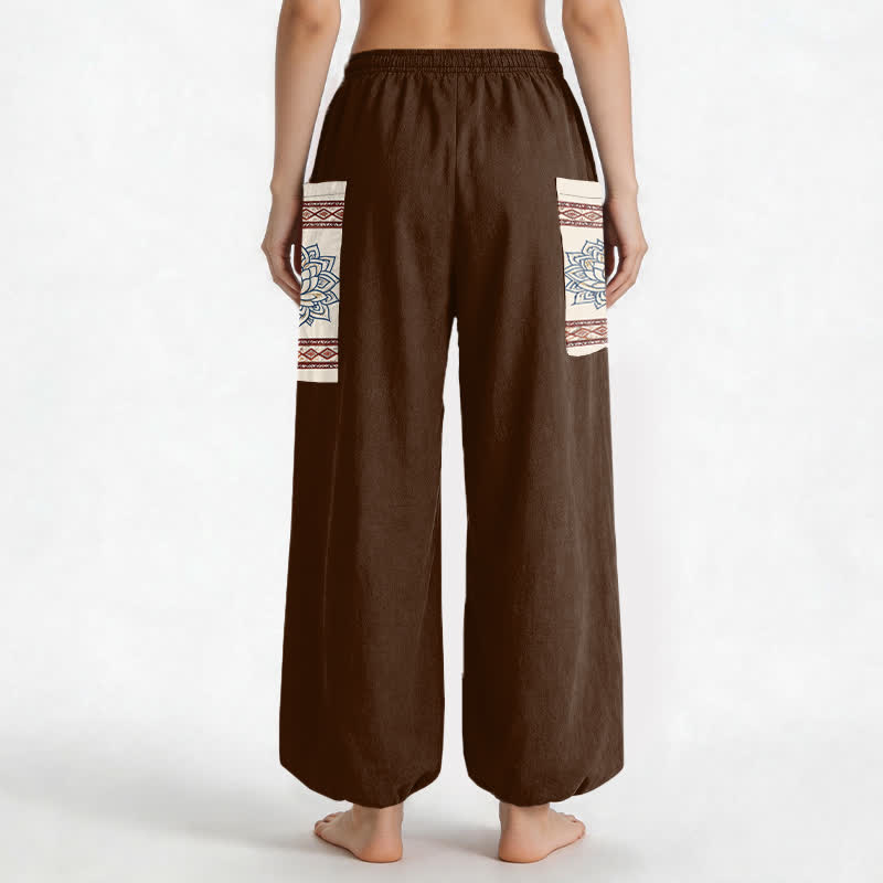 Buddha Stones Cotton Bohemian Lotus Mandala Pattern Women's Elastic Waist Harem Pants With Side Pockets - image 12
