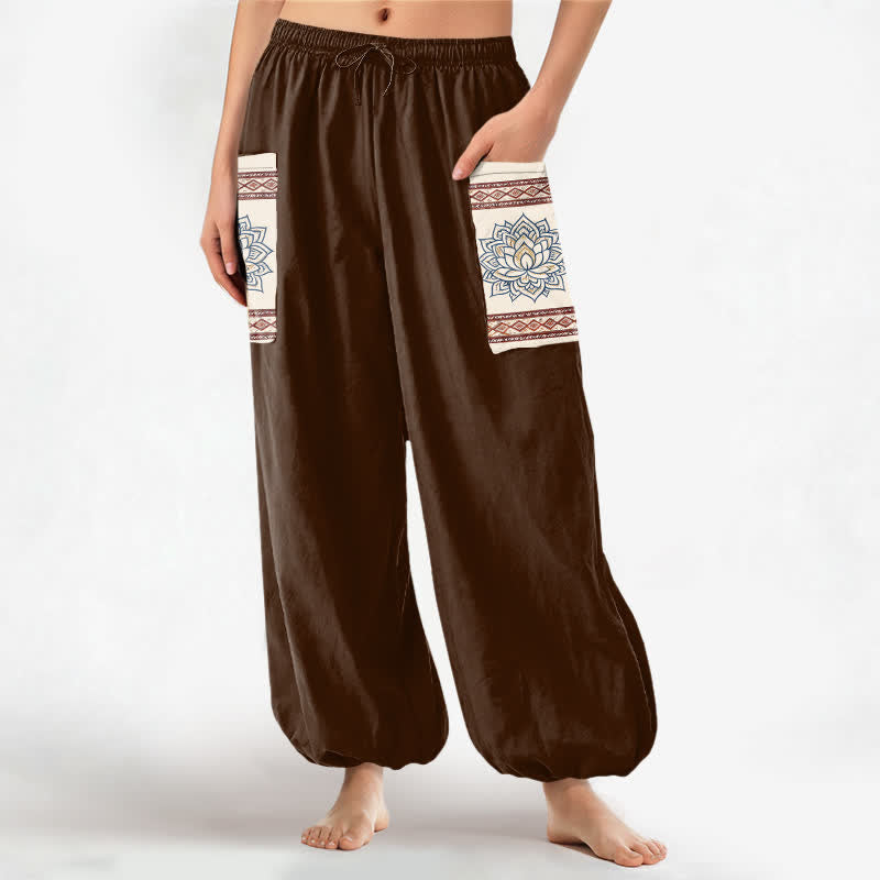 Buddha Stones Cotton Bohemian Lotus Mandala Pattern Women's Elastic Waist Harem Pants With Side Pockets - SaddleBrown - US16，UK/AU20，EU48 (3XL) - image 10