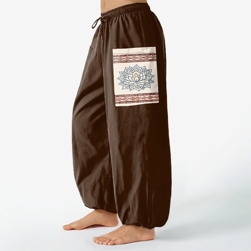 Buddha Stones Cotton Bohemian Lotus Mandala Pattern Women's Elastic Waist Harem Pants With Side Pockets - image 11
