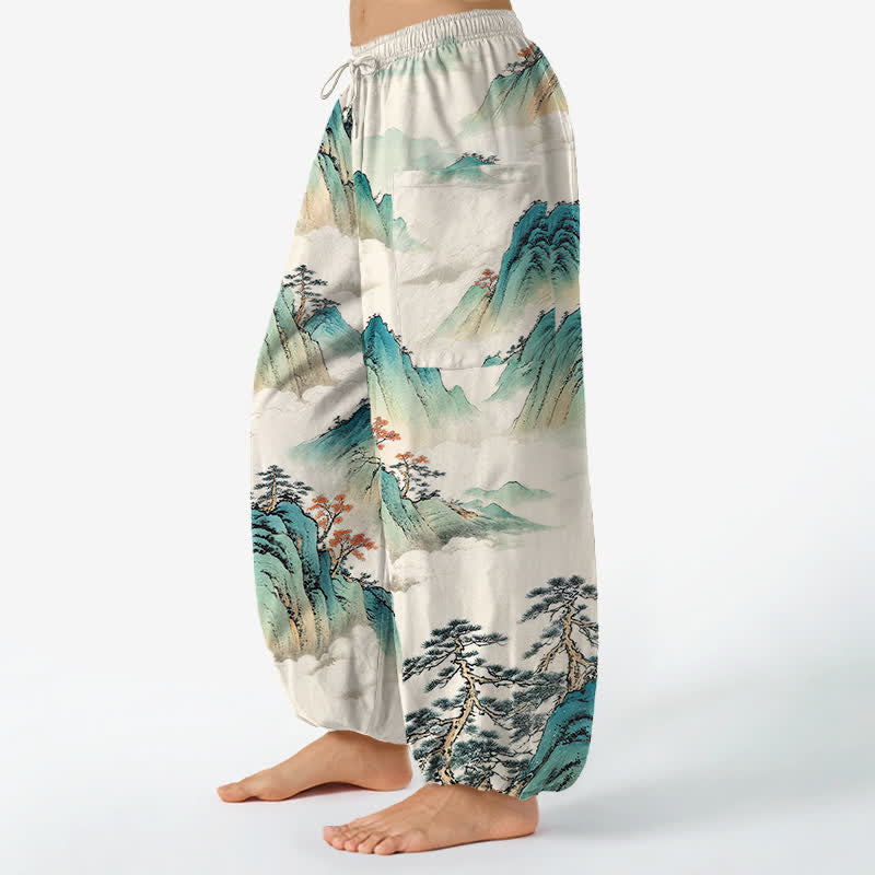 Buddha Stones Cotton Pine Mountain Scenery Pattern Women's Elastic Waist Harem Pants With Side Pockets - image 1
