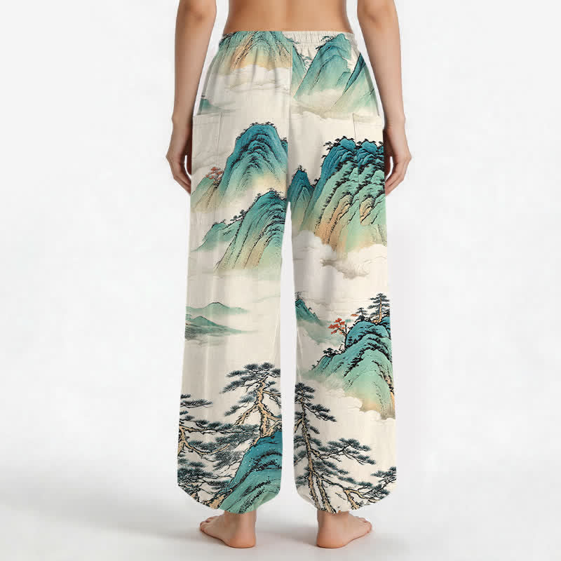Buddha Stones Cotton Pine Mountain Scenery Pattern Women's Elastic Waist Harem Pants With Side Pockets - image 2