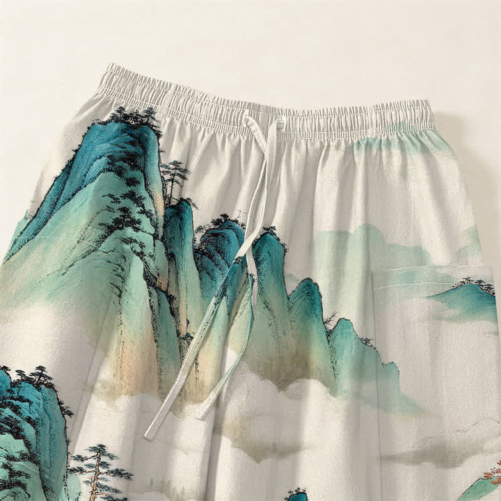 Buddha Stones Cotton Pine Mountain Scenery Pattern Women's Elastic Waist Harem Pants With Side Pockets - image 5