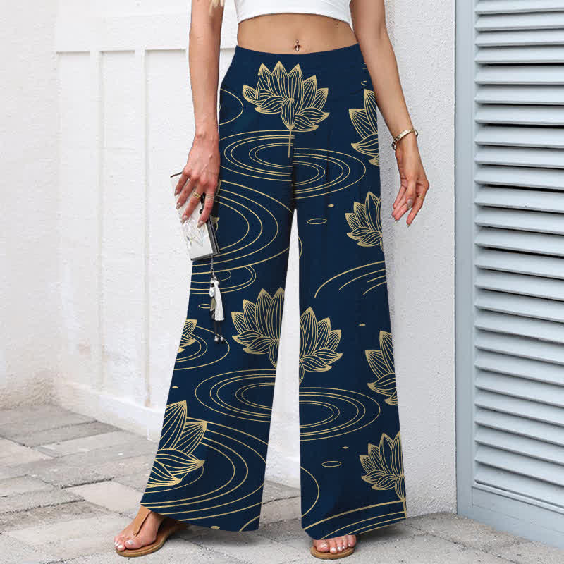 Buddha Stones Cotton Linen Lotus Ripple Pattern Women's Elastic Waist Wide Leg Pants With Pockets - image 1