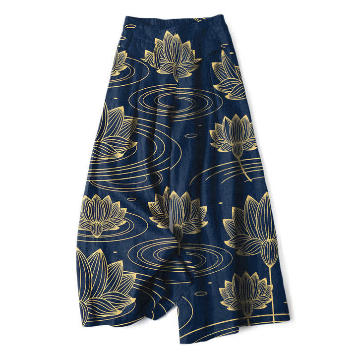 Buddha Stones Cotton Linen Lotus Ripple Pattern Women's Elastic Waist Wide Leg Pants With Pockets - Navy - US16，UK/AU20，EU48 (3XL) - image 0