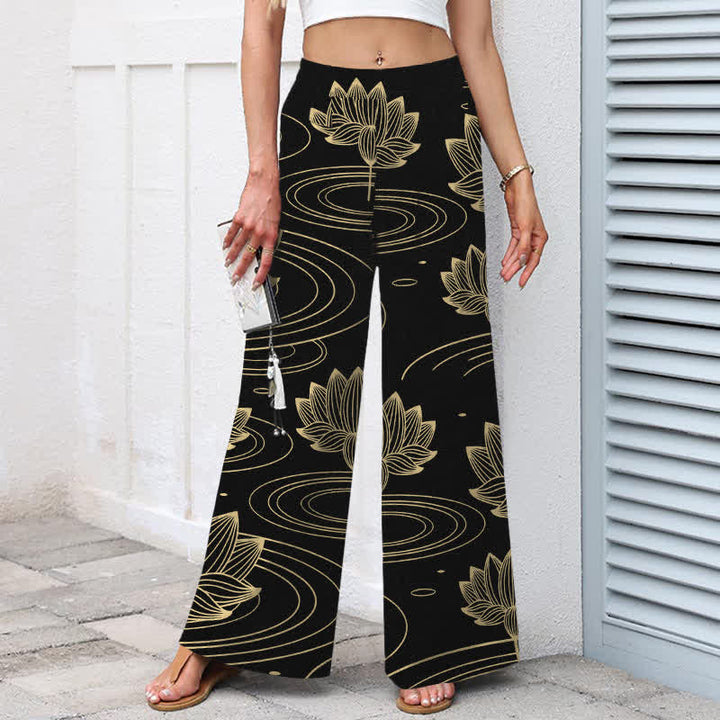 Buddha Stones Cotton Linen Lotus Ripple Pattern Women's Elastic Waist Wide Leg Pants With Pockets - image 5