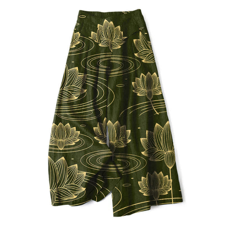 Buddha Stones Cotton Linen Lotus Ripple Pattern Women's Elastic Waist Wide Leg Pants With Pockets - DarkOliveGreen - US16，UK/AU20，EU48 (3XL) - image 6