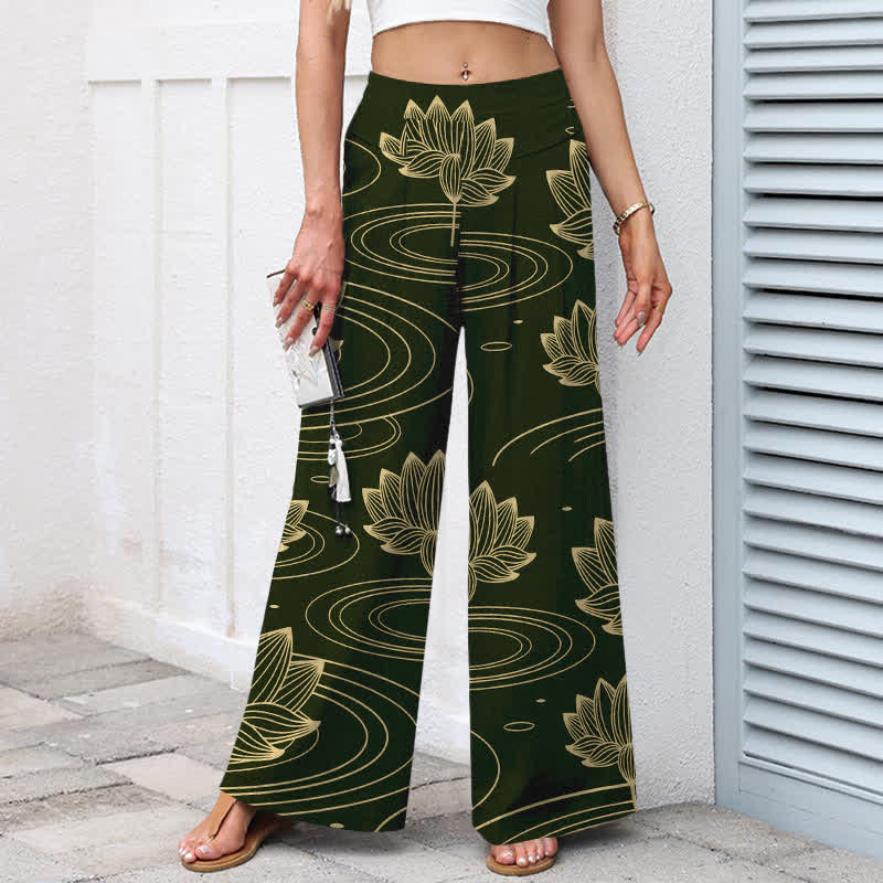 Buddha Stones Cotton Linen Lotus Ripple Pattern Women's Elastic Waist Wide Leg Pants With Pockets - image 7