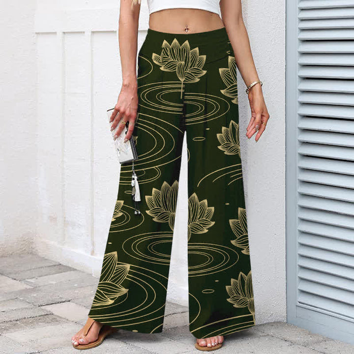 Buddha Stones Cotton Linen Lotus Ripple Pattern Women's Elastic Waist Wide Leg Pants With Pockets - image 7