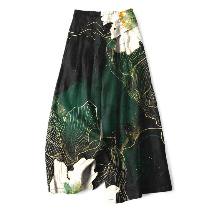 Buddha Stones Cotton Linen Artistic White Floral Pattern Women's Elastic Waist Wide Leg Pants With Pockets - ForestGreen - US16，UK/AU20，EU48 (3XL) - image 0