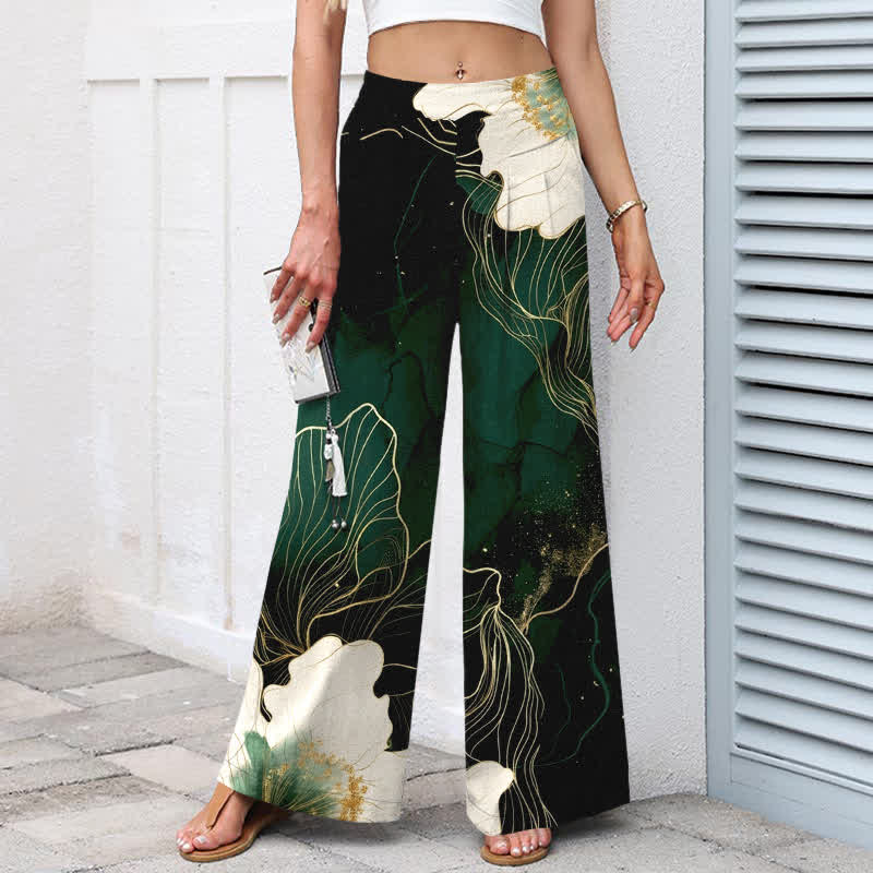 Buddha Stones Cotton Linen Artistic White Floral Pattern Women's Elastic Waist Wide Leg Pants With Pockets - image 1