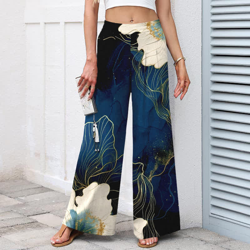 Buddha Stones Cotton Linen Artistic White Floral Pattern Women's Elastic Waist Wide Leg Pants With Pockets - image 5