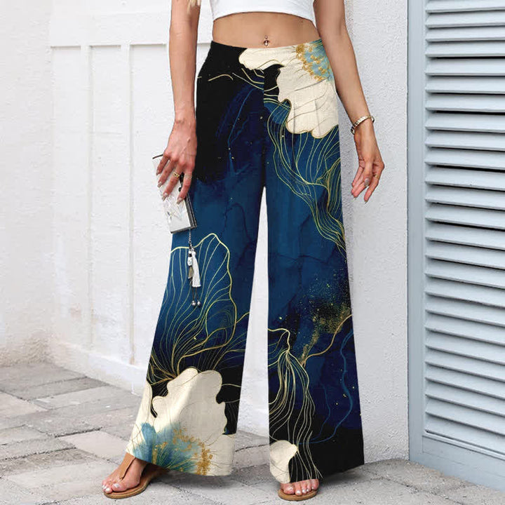 Buddha Stones Cotton Linen Artistic White Floral Pattern Women's Elastic Waist Wide Leg Pants With Pockets - image 5