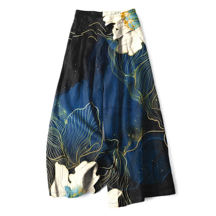 Buddha Stones Cotton Linen Artistic White Floral Pattern Women's Elastic Waist Wide Leg Pants With Pockets - Navy - US16，UK/AU20，EU48 (3XL) - image 4
