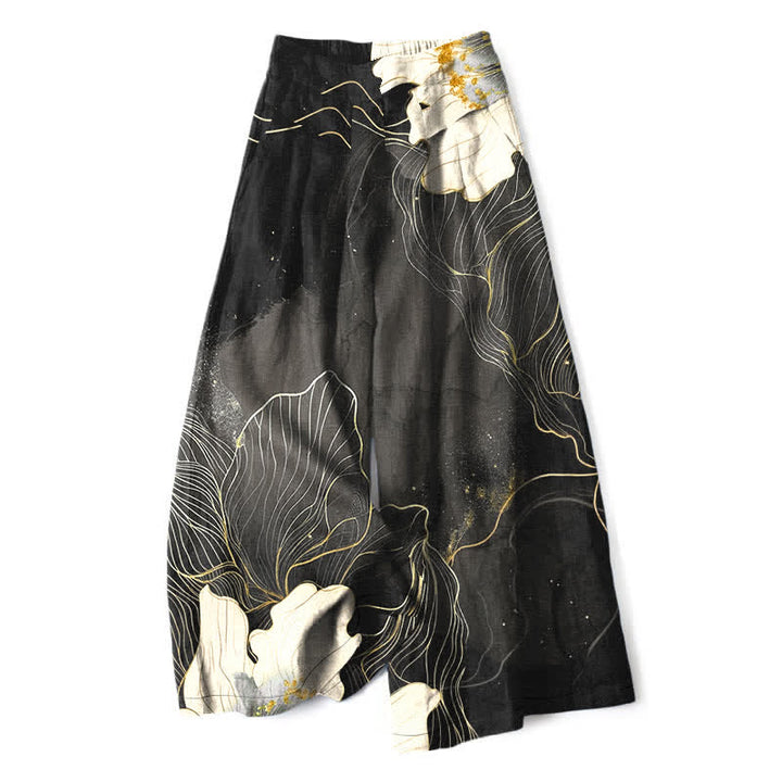 Buddha Stones Cotton Linen Artistic White Floral Pattern Women's Elastic Waist Wide Leg Pants With Pockets - DimGray - US16，UK/AU20，EU48 (3XL) - image 6