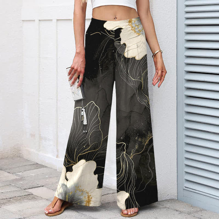 Buddha Stones Cotton Linen Artistic White Floral Pattern Women's Elastic Waist Wide Leg Pants With Pockets - image 7