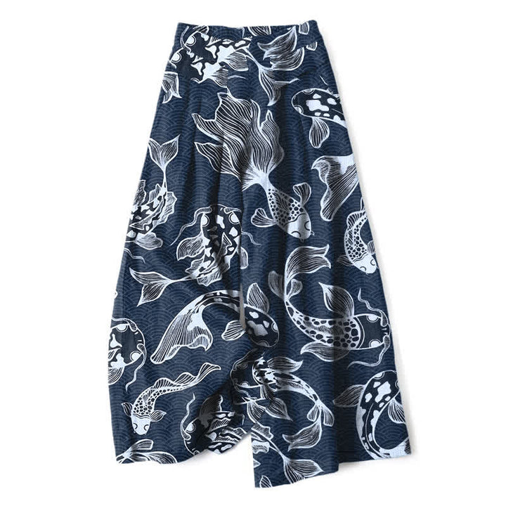 Buddha Stones Cotton Linen Artistic Koi Pond Pattern Women's Elastic Waist Wide Leg Pants With Pockets - Navy - US16，UK/AU20，EU48 (3XL) - image 0