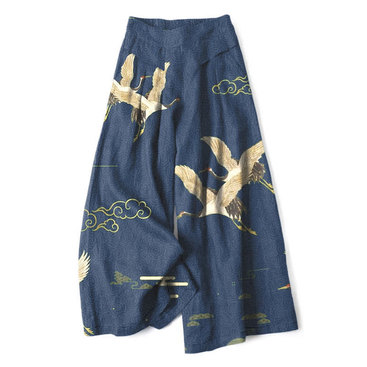 Buddha Stones Cotton Linen Oriental Crane Cloud Pattern Women's Elastic Waist Wide Leg Pants With Pockets - Navy - US16，UK/AU20，EU48 (3XL) - image 0