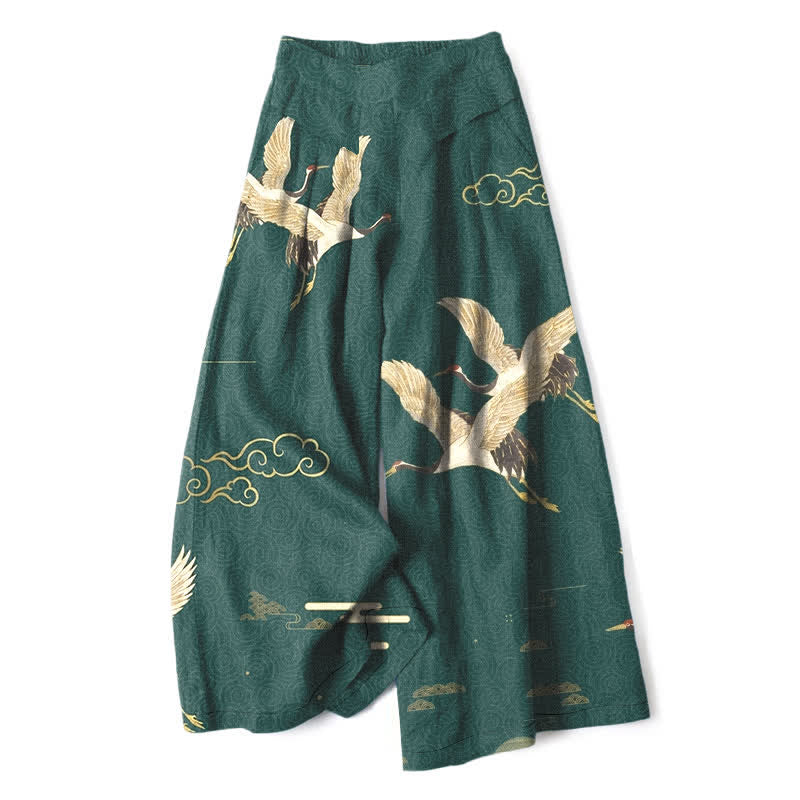 Buddha Stones Cotton Linen Oriental Crane Cloud Pattern Women's Elastic Waist Wide Leg Pants With Pockets - Teal - US16，UK/AU20，EU48 (3XL) - image 4