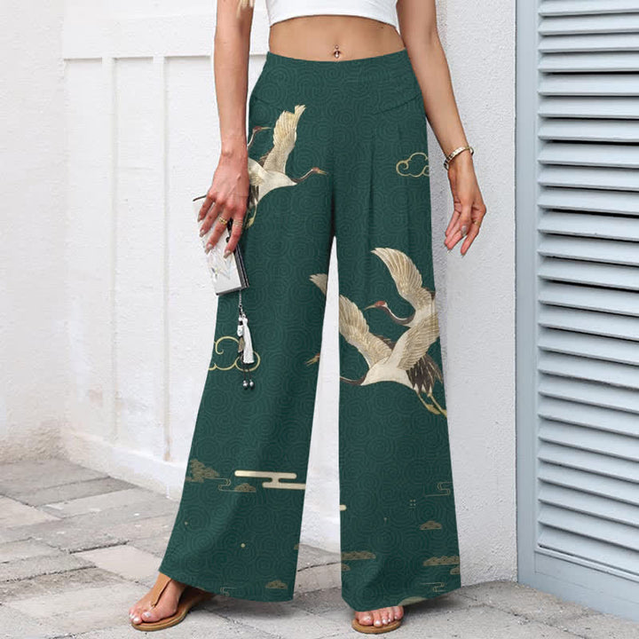 Buddha Stones Cotton Linen Oriental Crane Cloud Pattern Women's Elastic Waist Wide Leg Pants With Pockets - image 5