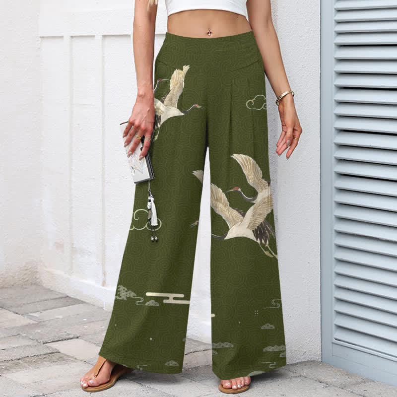 Buddha Stones Cotton Linen Oriental Crane Cloud Pattern Women's Elastic Waist Wide Leg Pants With Pockets - image 7