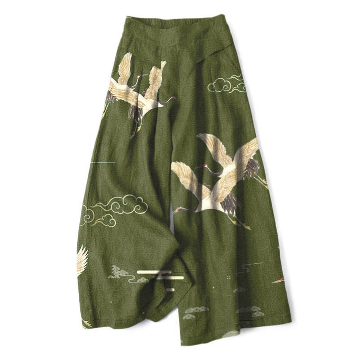 Buddha Stones Cotton Linen Oriental Crane Cloud Pattern Women's Elastic Waist Wide Leg Pants With Pockets - OliveDrab - US16，UK/AU20，EU48 (3XL) - image 6