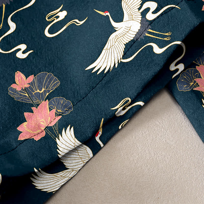 Buddha Stones Pure Cotton Vintage Lotus Crane Pattern Women's Elastic Waist Pants With Pockets - image 2