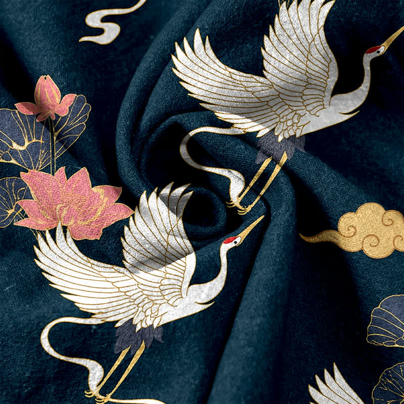 Buddha Stones Pure Cotton Vintage Lotus Crane Pattern Women's Elastic Waist Pants With Pockets - image 3