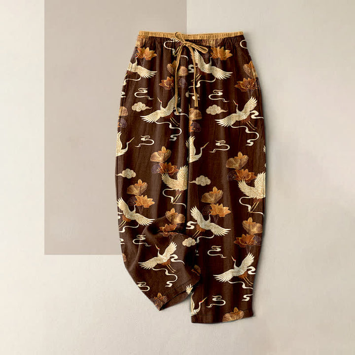 Buddha Stones Pure Cotton Vintage Lotus Crane Pattern Women's Elastic Waist Pants With Pockets - SaddleBrown - US16，UK/AU20，EU48 (3XL) - image 5