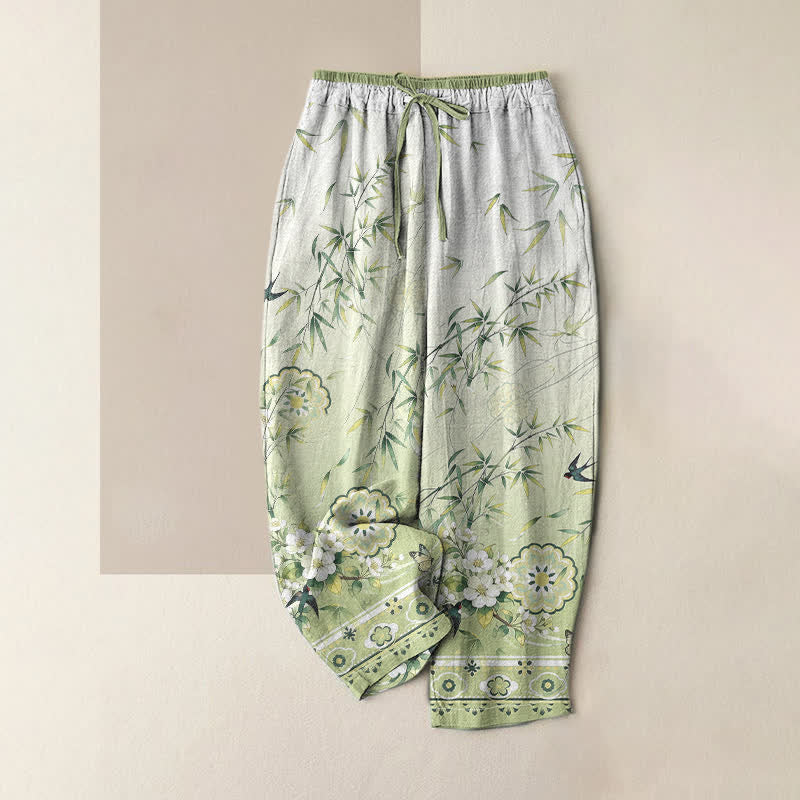 Buddha Stones Pure Cotton Oriental Bamboo Blossom Pattern Women's Elastic Waist Pants With Pockets - PaleGreen - US16，UK/AU20，EU48 (3XL) - image 0