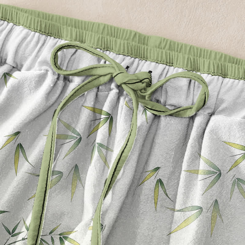 Buddha Stones Pure Cotton Oriental Bamboo Blossom Pattern Women's Elastic Waist Pants With Pockets - image 1
